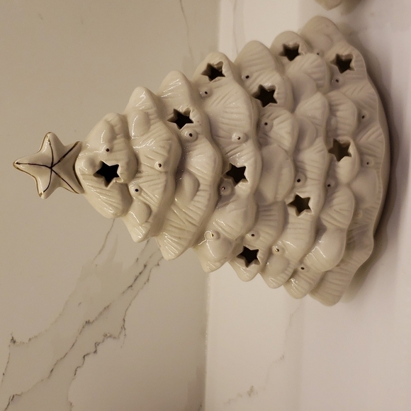 SET of Two Ceramic Porcelain Christmas Tree White Gold Tea Light Holder Can - Picture 2 of 8